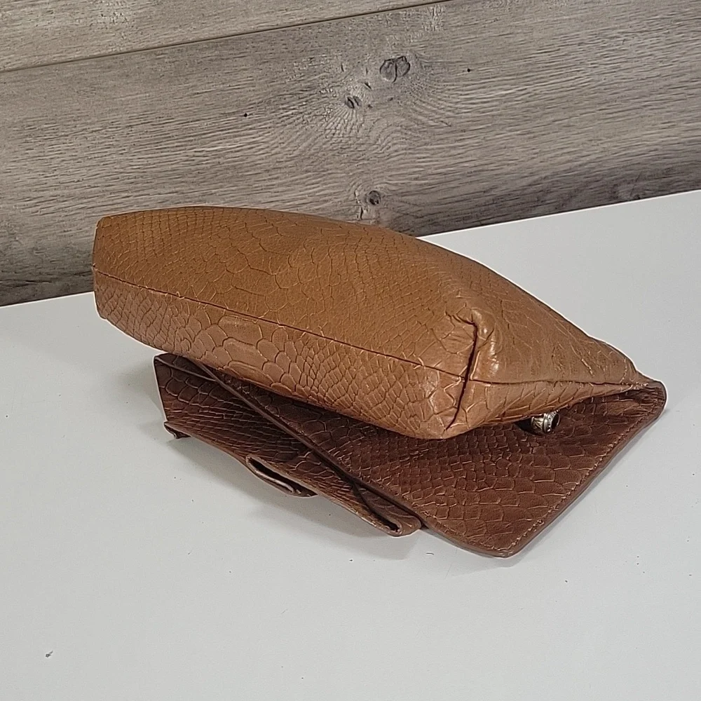 Henri Bendel Tan Snake Skin Embossed Leather Clutch Bag